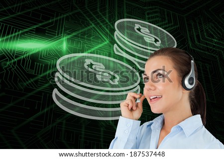 Composite image of coins and call centre worker against green and black circuit board