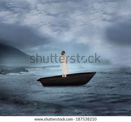 Composite image of thinking businesswoman in a sailboat on open water