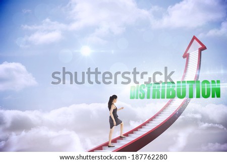 The word distribution and businesswoman stepping up red stairs arrow pointing up against sky