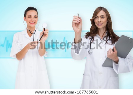 Composite image of medical team against medical background with blue ecg line