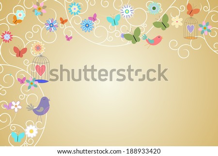 Feminine design of birds flowers and hearts on beige