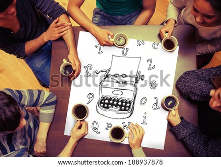 Composite image of typewriter and letters doodle on page with people sitting around table drinking coffee