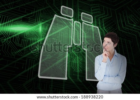Composite image of binoculars and businesswoman thinking against green and black circuit board