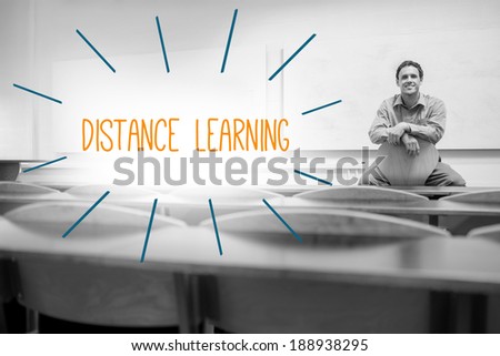 The word distance learning against lecturer sitting in lecture hall
