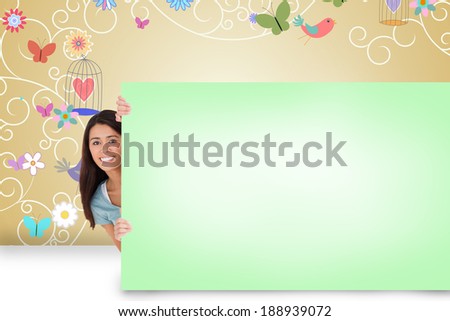 Composite image of pretty brunette showing green card
