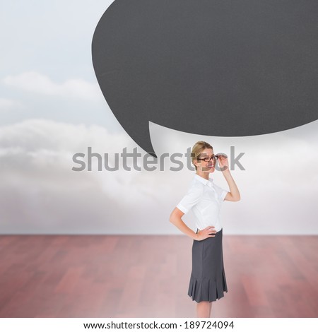 Thinking businesswoman with speech bubble against clouds in a room