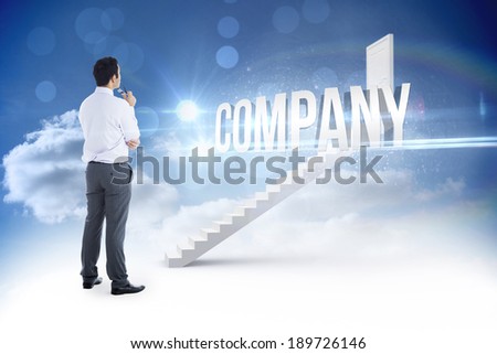 The word company and businessman holding glasses against steps leading to closed door in the sky