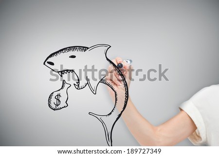 Composite image of businesswoman drawing loan shark against grey vignette