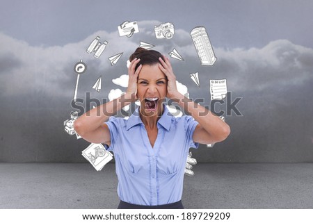Stressed businessswoman with hand on her head against clouds in a room