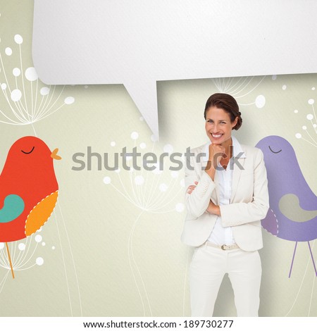 Thinking businesswoman with speech bubble against feminine design of dandelions and birds