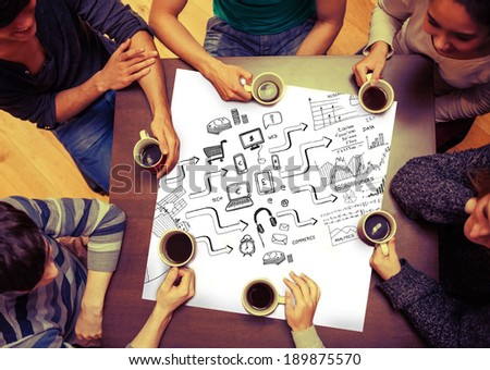 Composite image of brainstorm graphic on page with people sitting around table drinking coffee