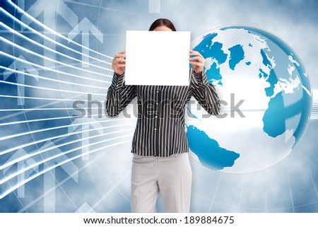 Businesswoman showing card against global business graphic in blue