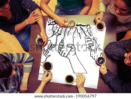 Composite image of bankruptcy and debt doodle with helping hands on page with people sitting around table drinking coffee