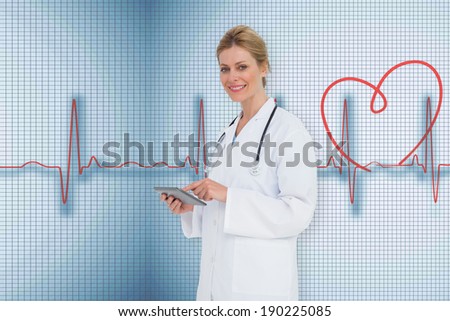 Blonde doctor using tablet pc against medical background with red ecg line