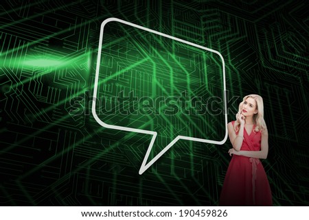 Composite image of speech bubble and sexy blonde against green and black circuit board