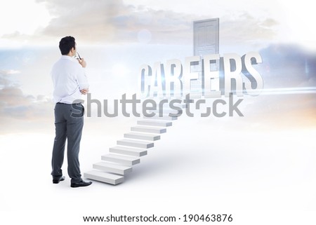 The word careers and businessman holding glasses against white steps leading to closed door