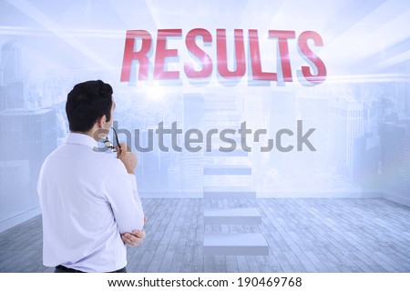 The word results and businessman holding glasses against city scene in a room