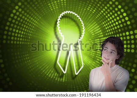 Composite image of merit badge and casual thinking man against green pixel spiral