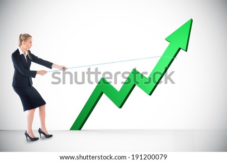 Businesswoman pulling a rope around arrow against white background with vignette