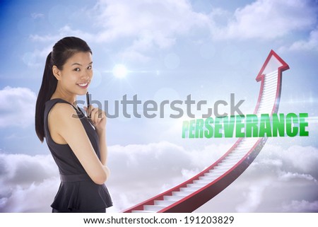 The word perseverance and thoughtful businesswoman against red stairs arrow pointing up against sky