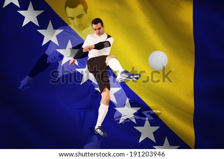 Football player in white kicking against digitally generated bosnian flag