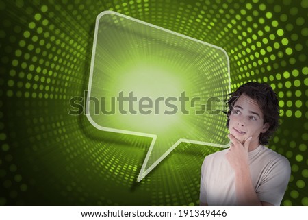 Composite image of speech bubble and casual thinking man against green pixel spiral