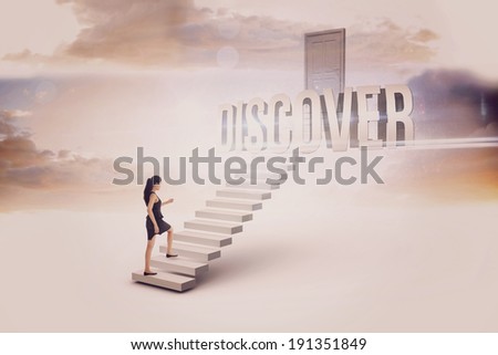 The word discover and businesswoman stepping up white steps leading to closed door