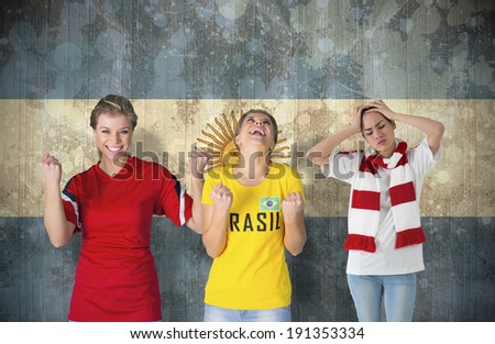 Composite image of various football fans against argentina flag in grunge effect