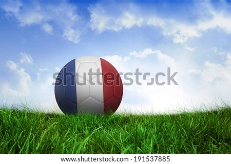 Football in france colours on field of grass under blue sky