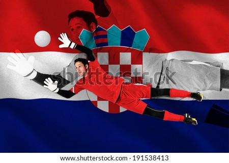 Fit goal keeper jumping up against digitally generated croatia national flag
