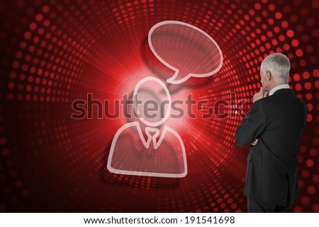 Businessman and speech bubble against red pixel spiral