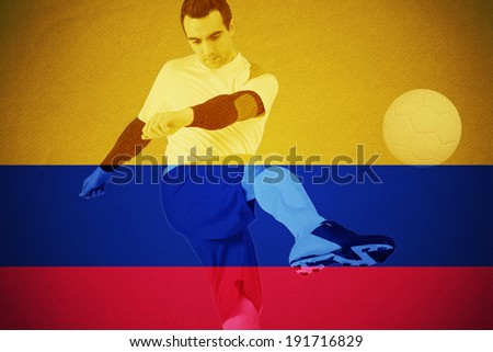 Football player in yellow kicking against football in brazilian colours