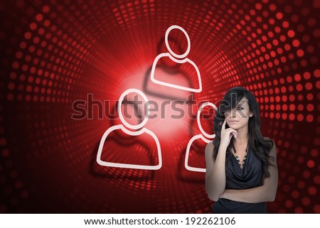 Composite image of human figures and sexy brunette against red pixel spiral