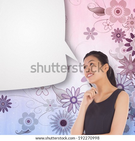 Thinking businesswoman with speech bubble against digitally generated girly floral design