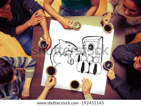 Composite image of loan shark and finance doodles on page with people sitting around table drinking coffee