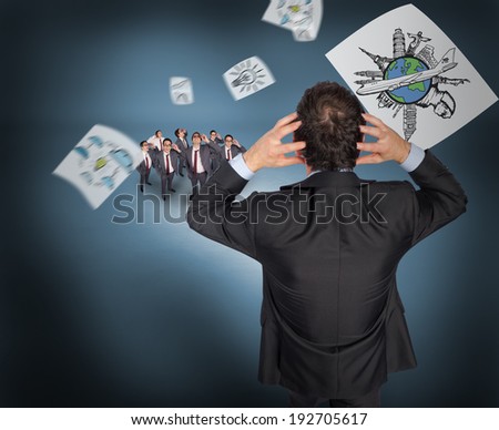 Stressed businessman with hands on head with tiny businessmen against purple vignette