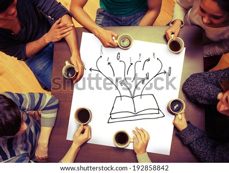 Composite image of open book doodle on page with people sitting around table drinking coffee