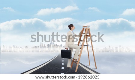 Businesswoman climbing career ladder with briefcase against open road background