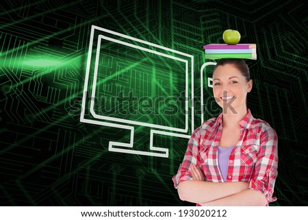 Composite image of computer and student against green and black circuit board