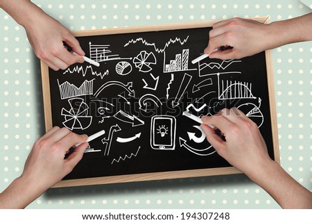 Composite image of multiple hands drawing brainstorm with chalk against blackboard