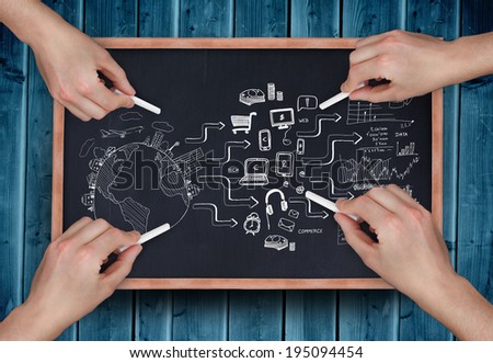 Composite image of multiple hands drawing brainstorm with chalk on wooden board