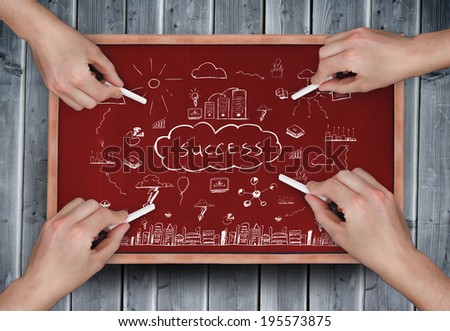 Composite image of multiple hands drawing success doodle with chalk on wooden board