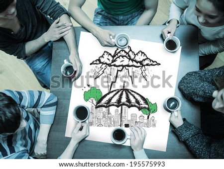 People sitting around table drinking coffee with page showing umbrella sheltering city doodle