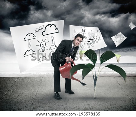 Businessman watering with red can against sheets with graphic over sky on wall