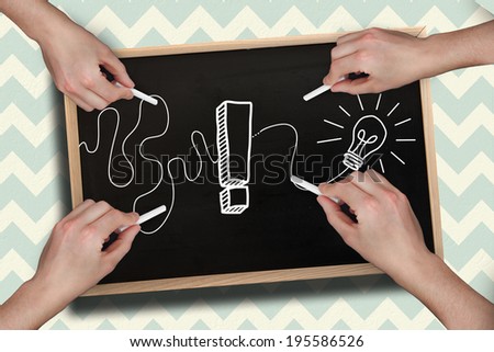 Composite image of multiple hands drawing exclamation mark with chalk against blackboard