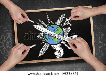 Composite image of multiple hands drawing airplane with chalk on blackboard