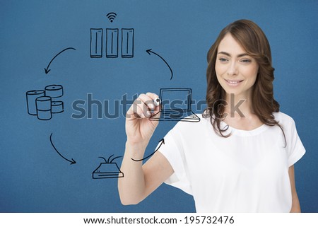 Businesswoman writing doodle against blue background with vignette