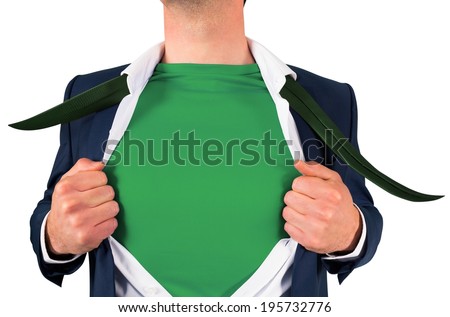 Businessman opening shirt in superhero style on white background