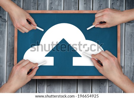 Composite image of multiple hands drawing cloud computing with chalk on wooden board