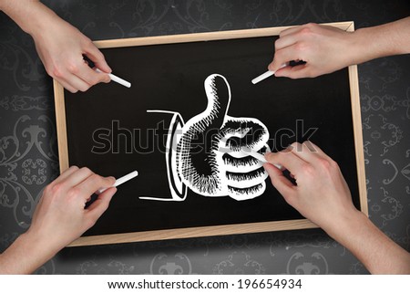 Composite image of multiple hands drawing thumb up with chalk against blackboard